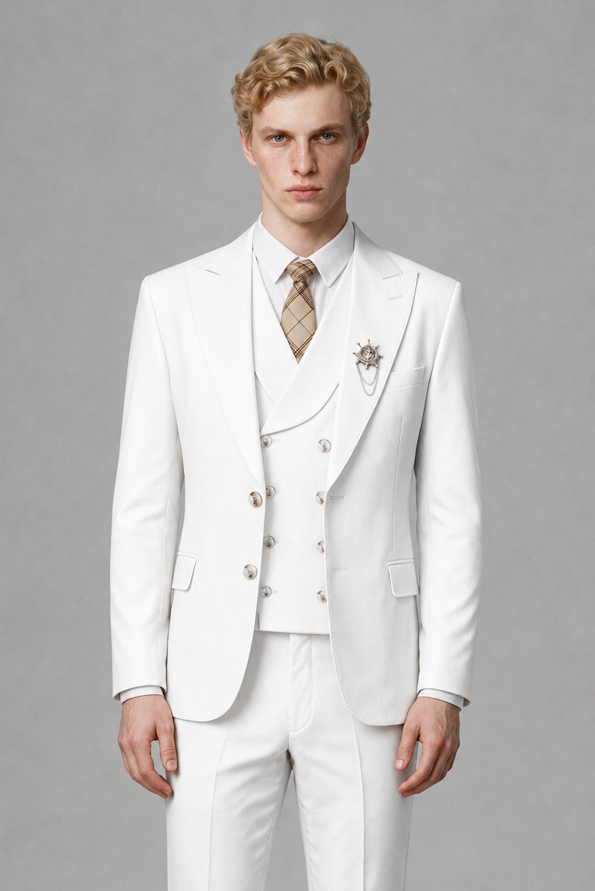 Savile Men's White Three-Piece Wedding Suit with Double-Breasted Waistcoat - White