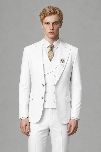 Savile Men's White Three-Piece Wedding Suit with Double-Breasted Waistcoat - White