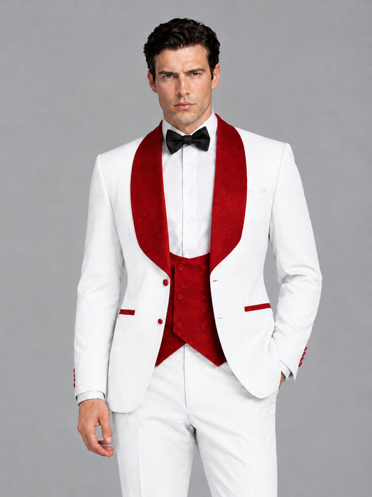 Savile Men's White 3-Piece Tuxedo Suit Set – Contrast Red Shawl Lapel Blazer, Red Waistcoat & Trousers - SUC020 - White