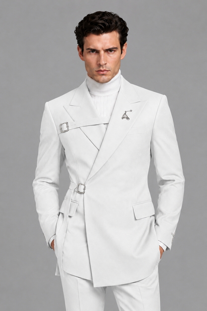 Savile Men's White Double Buckle Wrap Belted 2-Piece Suit Set – Peak Lapel Slim-Fit Jacket & Trousers - White - White_1