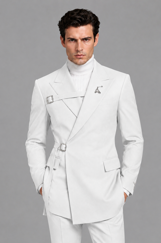 Savile Men's White Double Buckle Wrap Belted 2-Piece Suit Set – Peak Lapel Slim-Fit Jacket & Trousers - White - White_1