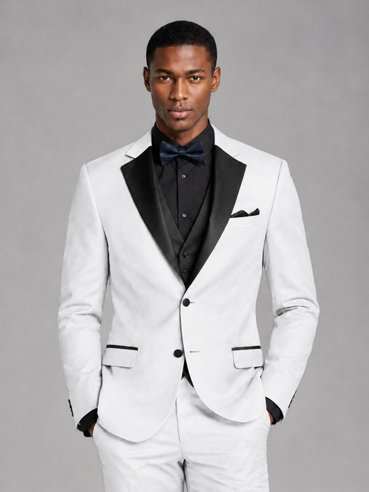 Savile Men's White Contrast Shawl Lapel Tuxedo Suit – 3-Piece Wedding, Prom & Black-Tie Formal Set - White - White_1