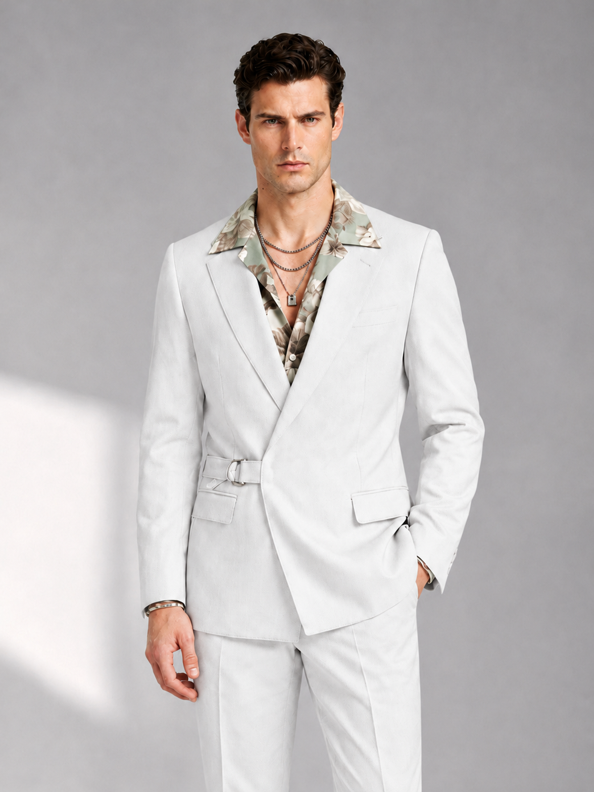 Savile Men's White Belted Wrap 2-Piece Suit – Peak Lapel Blazer & Tailored Trousers - SUC060 - White - White_1