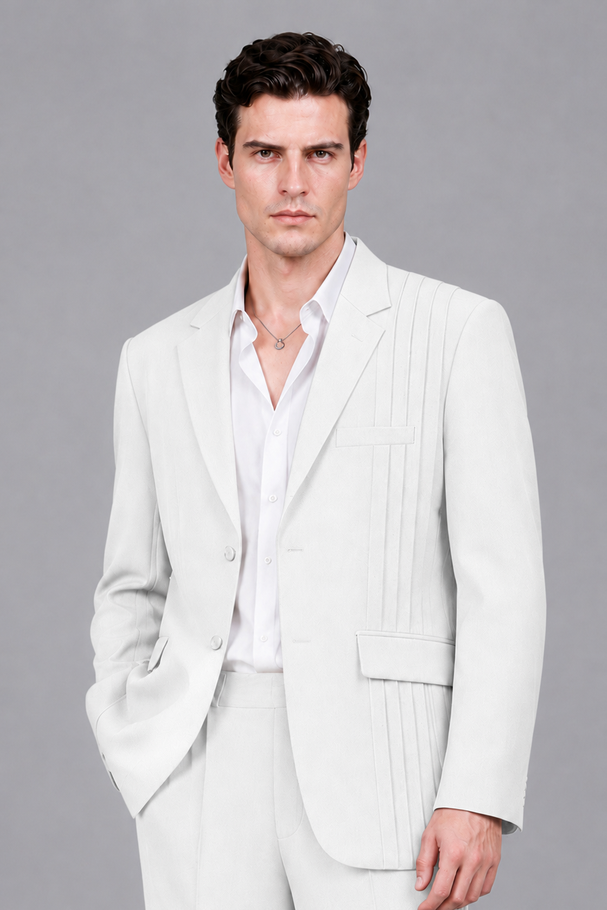 Savile Men's White Pleated 2-Piece Suit Set | Notch Lapel Blazer & Tailored Trousers - White - White_1