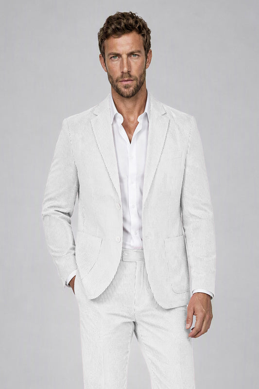 Savile Men's White Striped 2-Piece Suit Set – Notch Lapel Blazer & Tailored Trousers - White - White(1)