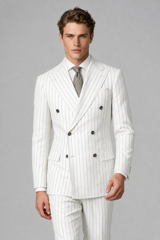 Savile Men's White Pinstripe Double-Breasted 2-Piece Suit – Jacket & Trousers | QX0102 - White