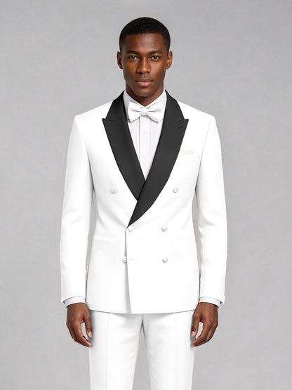 Men's White Double-Breasted Tuxedo Suit – Satin Shawl Lapel White-Tie Wedding & Gala 2-Piece Set - White