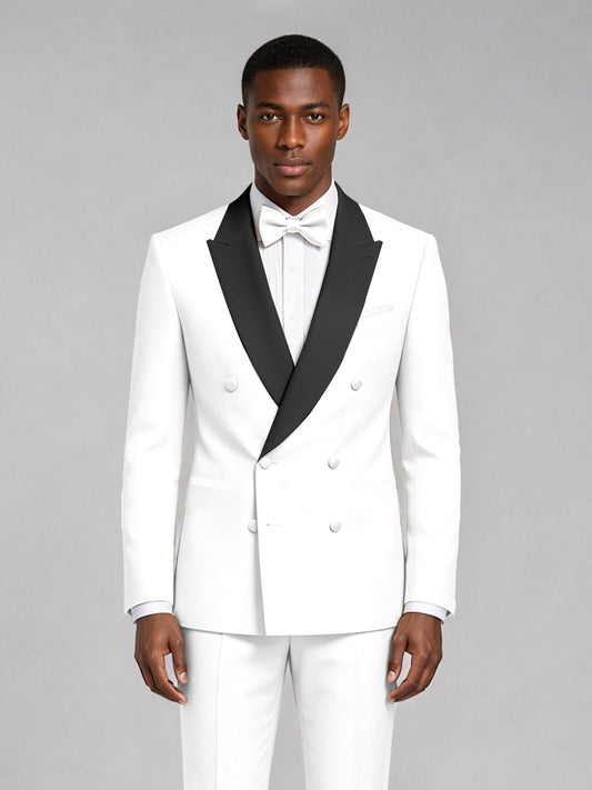 Men's White Double-Breasted Tuxedo Suit – Satin Shawl Lapel White-Tie Wedding & Gala 2-Piece Set - White
