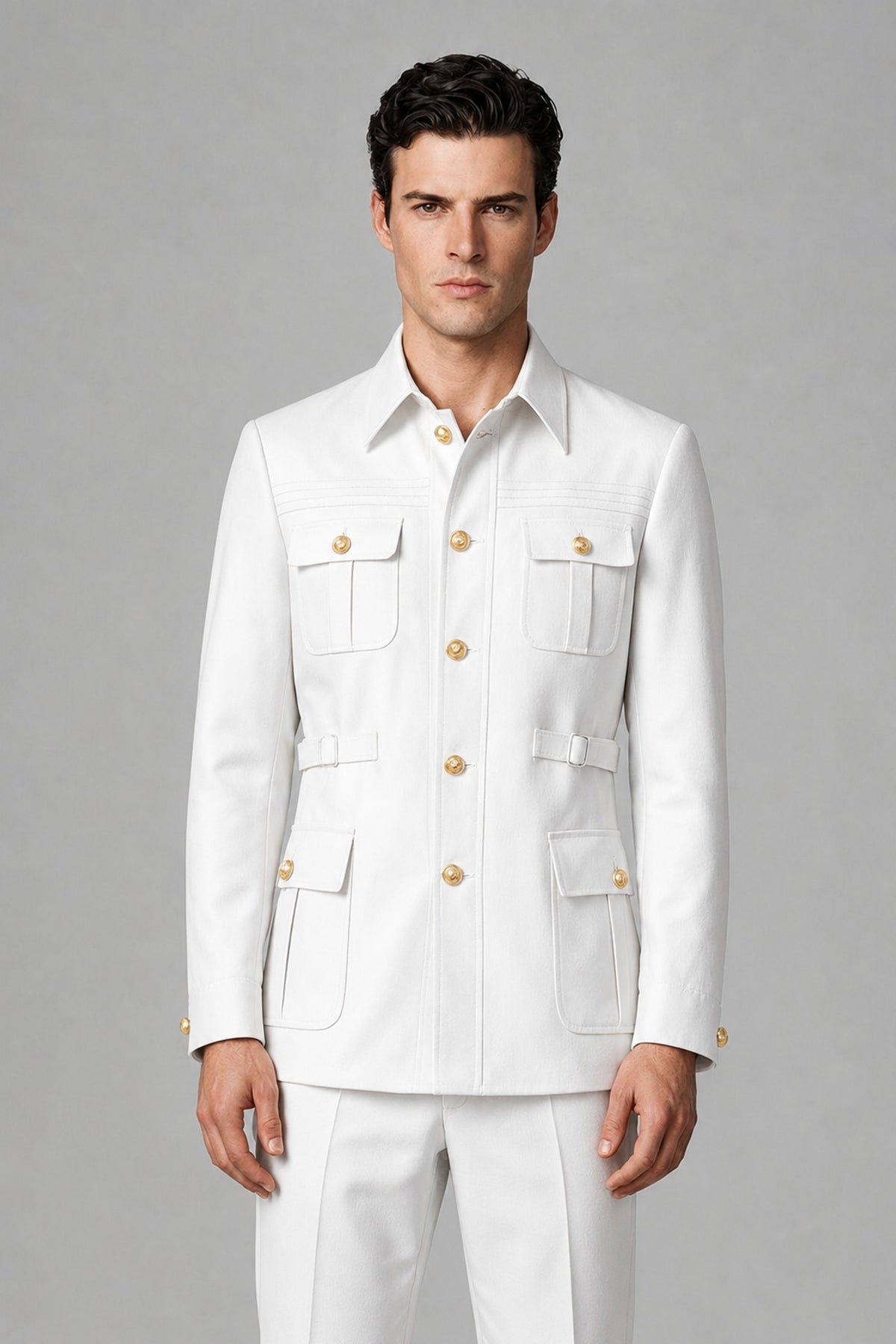 Savile White Safari Jacket & Trousers Two-Piece Men's Suit - White