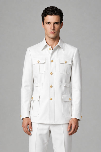 Savile White Safari Jacket & Trousers Two-Piece Men's Suit - White