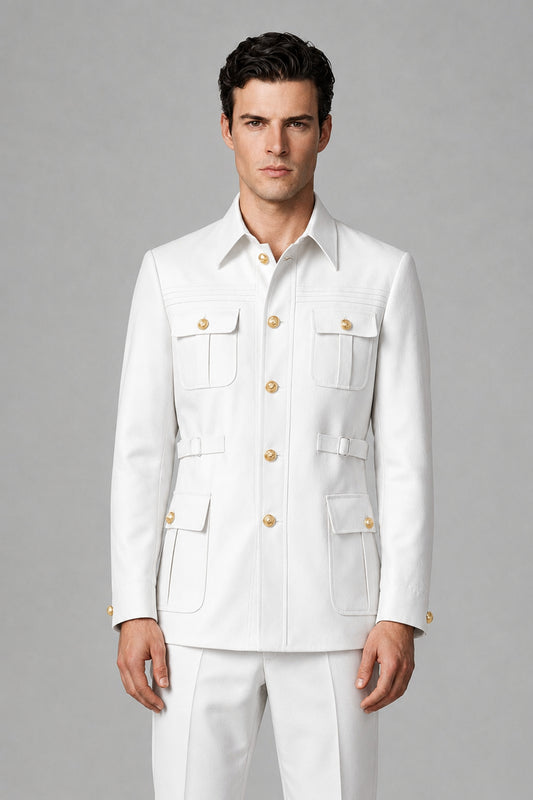Savile White Safari Jacket & Trousers Two-Piece Men's Suit - White