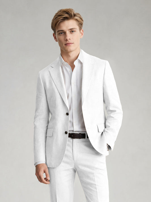 Savile Men's Sand Khaki Linen-Blend 2-Piece Suit Set – Two-Button Notch Lapel Slim-Fit Blazer & Slim Trousers - White - White