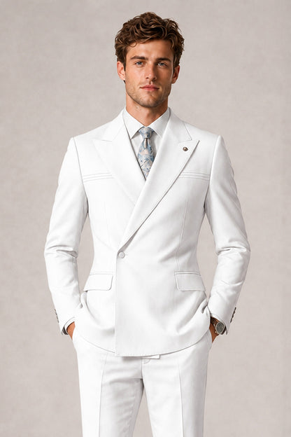 Savile Men's White Double-Breasted Slim Fit 2-Piece Suit Set – Peak Lapel Blazer & Cuffed Trousers | Wedding Prom Formal - White