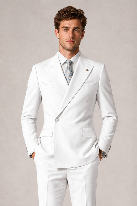 Savile Men's White Double-Breasted Slim Fit 2-Piece Suit Set – Peak Lapel Blazer & Cuffed Trousers | Wedding Prom Formal - White