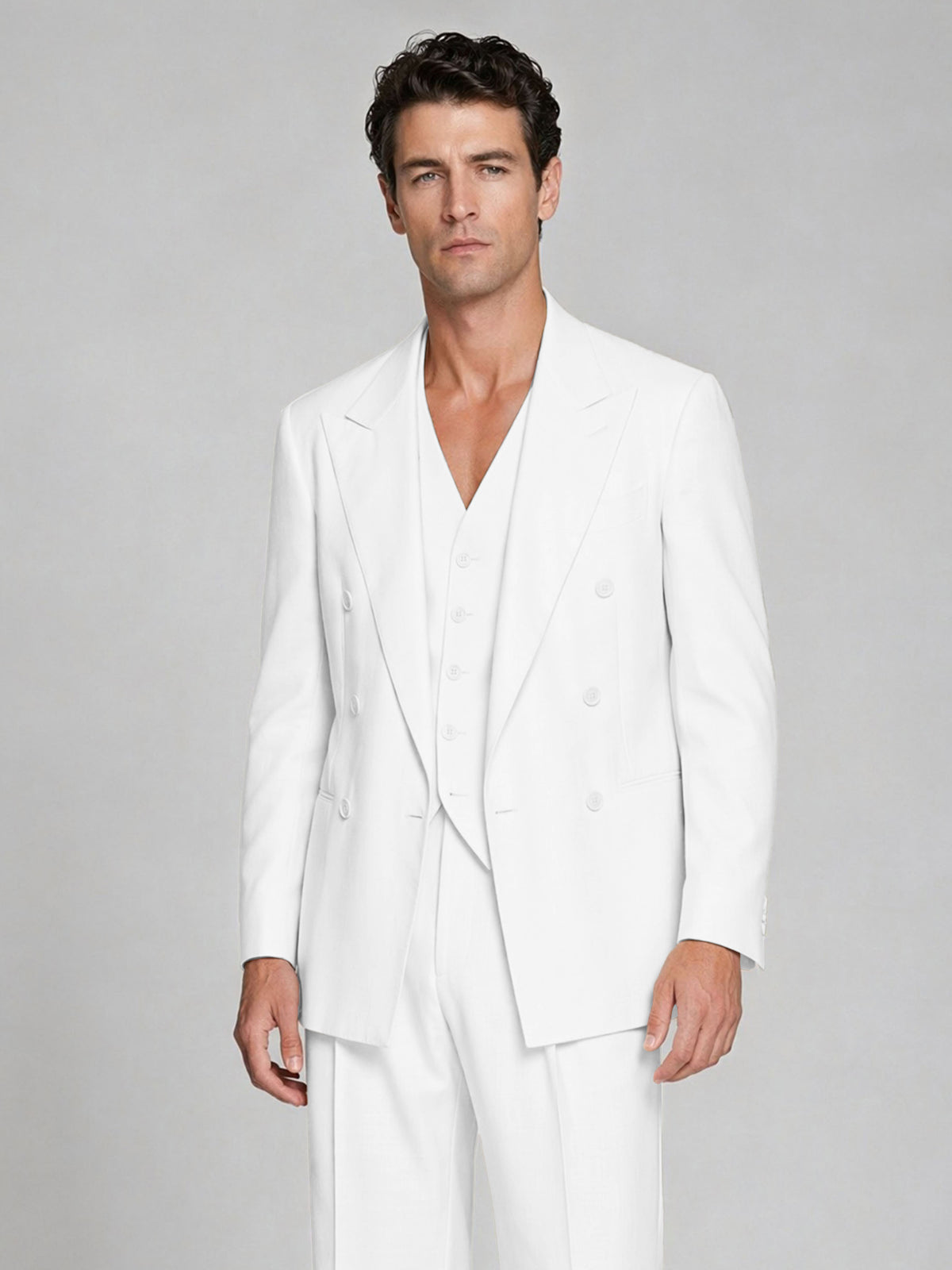 Men's White Double-Breasted 2-Piece Suit – Peak Lapel Wedding & Beach Formal Set with Vest - White