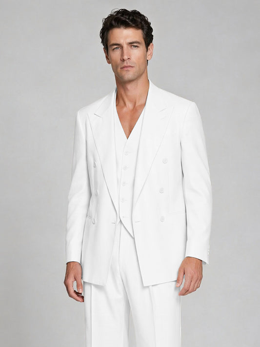 Men's White Double-Breasted 2-Piece Suit – Peak Lapel Wedding & Beach Formal Set with Vest - White
