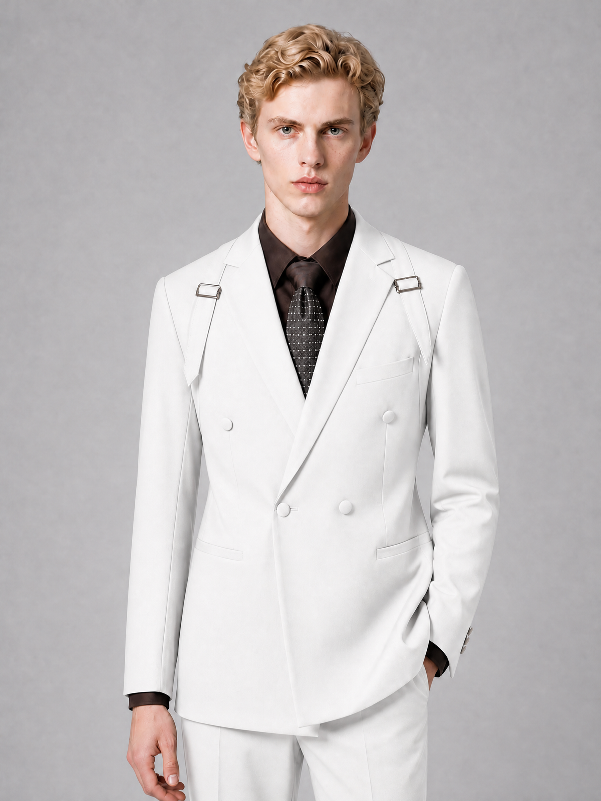 Men's Light White Double-Breasted Slim Fit 2-Piece Suit – Peak Lapel Wedding & Business Formal Set - White - White_1