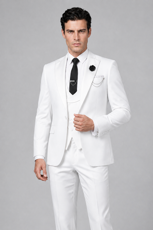 Savile Men's White 3-Piece Tuxedo Suit – Contrast Silver Peak Lapel & Grey Vest Formal Set - White - White_1