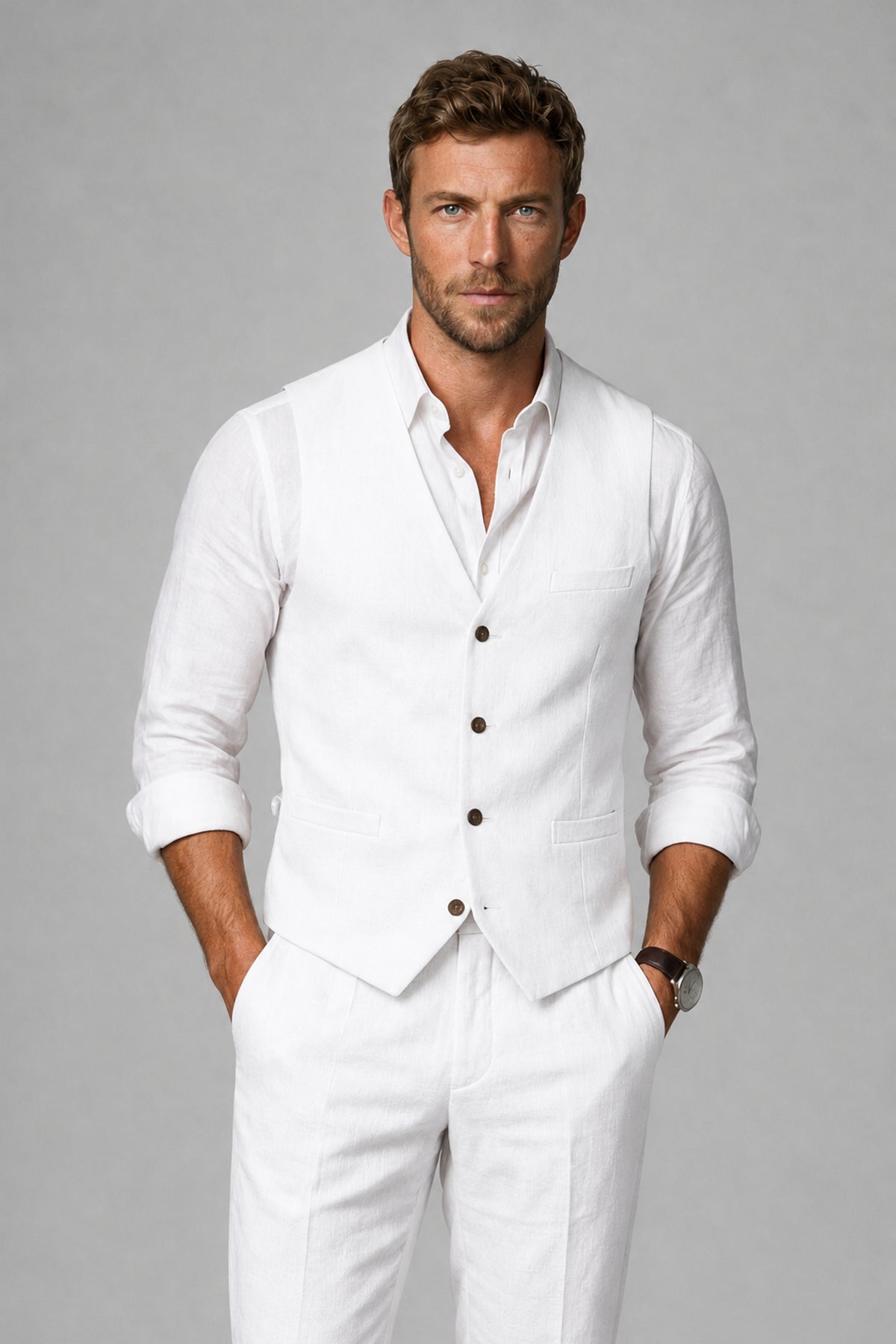 Men's White Linen Blend Single-Breasted V-Neck Suit Vest | Savile QX0101 - White