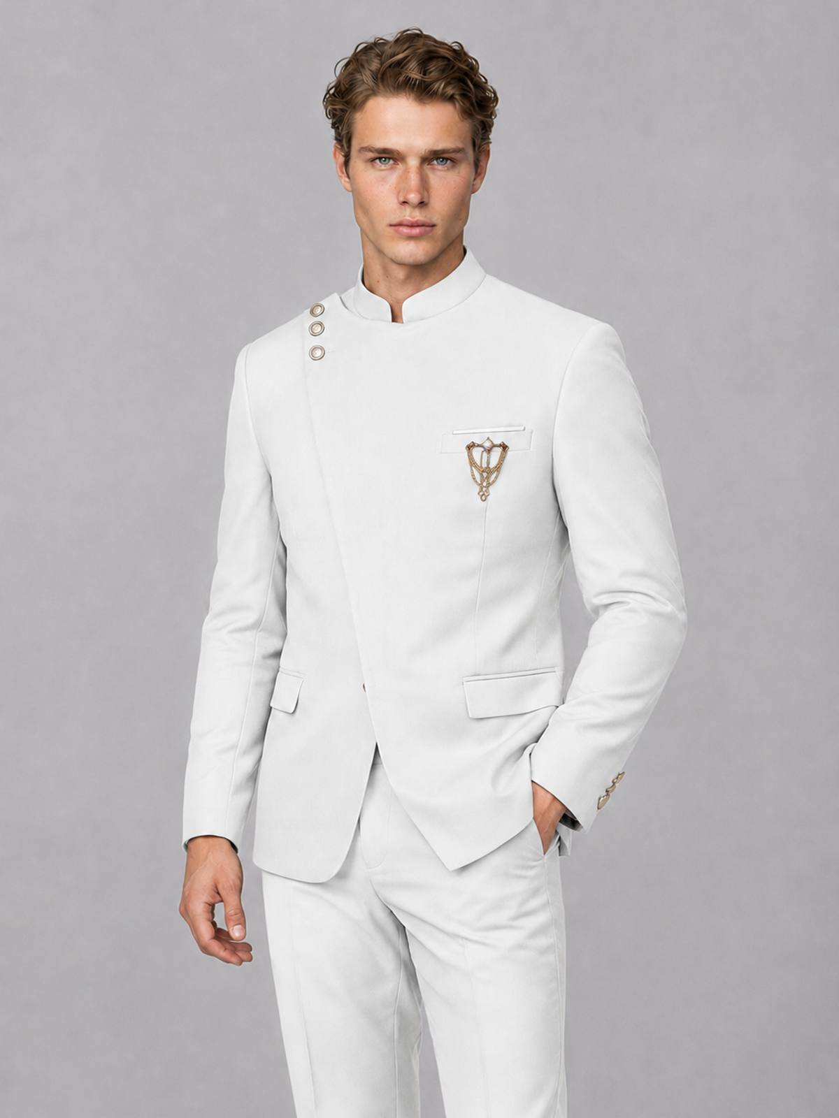 Savile Men's White Mandarin Collar Asymmetrical 2-Piece Suit Set – Modern Jacket & Trousers - White - White_1