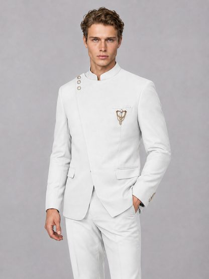 Savile Men's White Mandarin Collar Asymmetrical 2-Piece Suit Set – Modern Jacket & Trousers - White - White_1