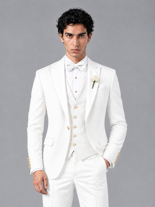 Savile Men's White Contrast White Peak Lapel 3-Piece Tuxedo Suit - White