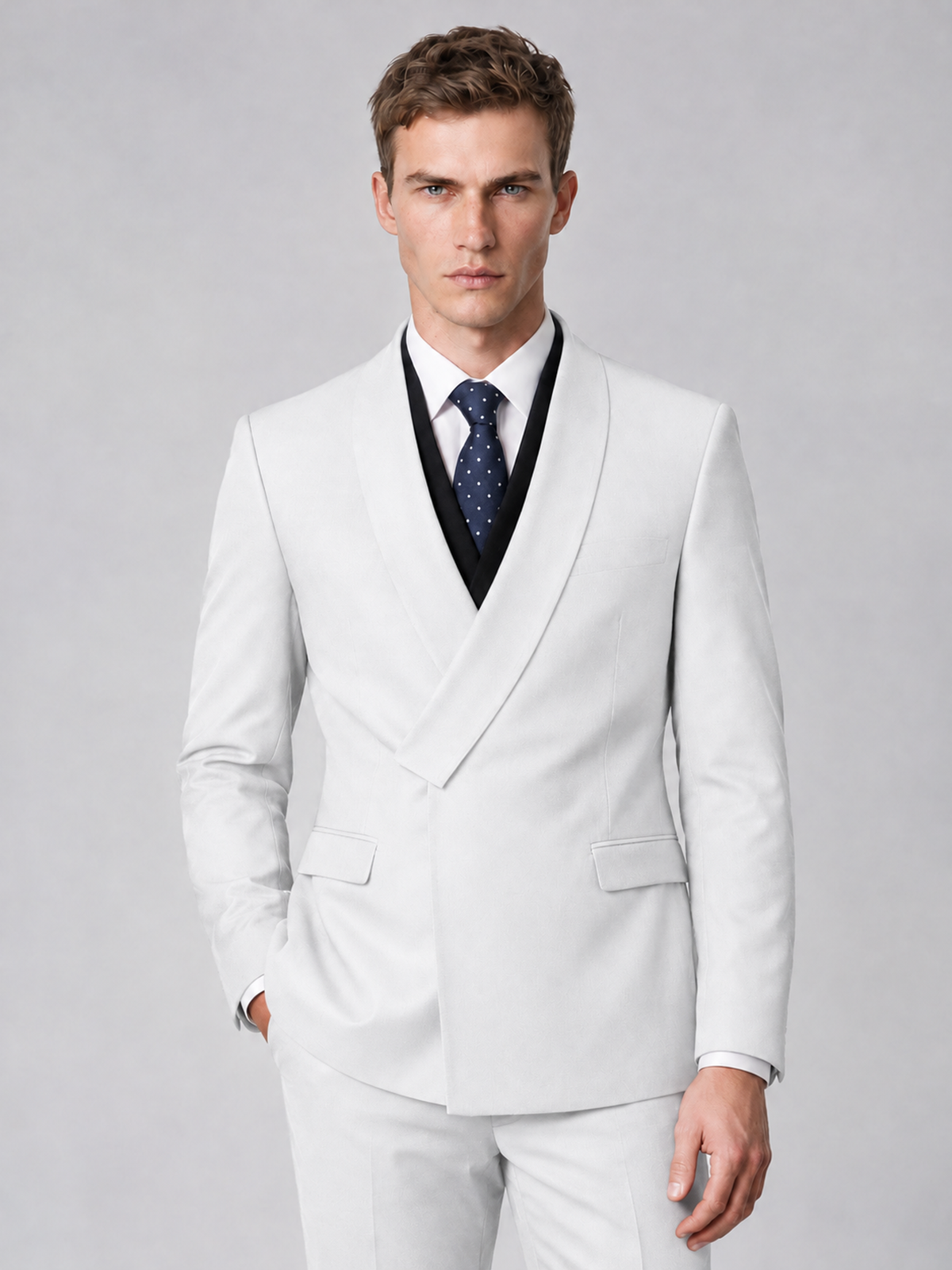 Savile Men's White Wrap Shawl Lapel 2-Piece Suit Set – Modern Jacket & Trousers - White - White_1