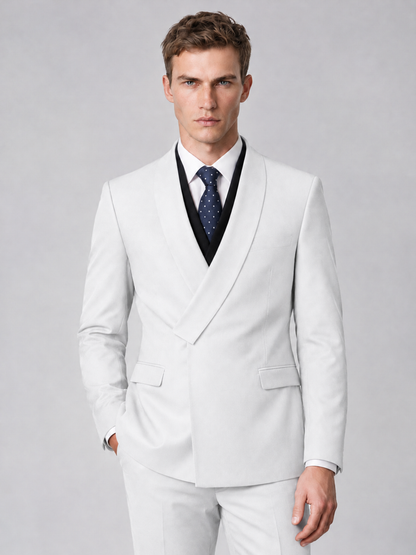 Savile Men's White Wrap Shawl Lapel 2-Piece Suit Set – Modern Jacket & Trousers - White - White_1
