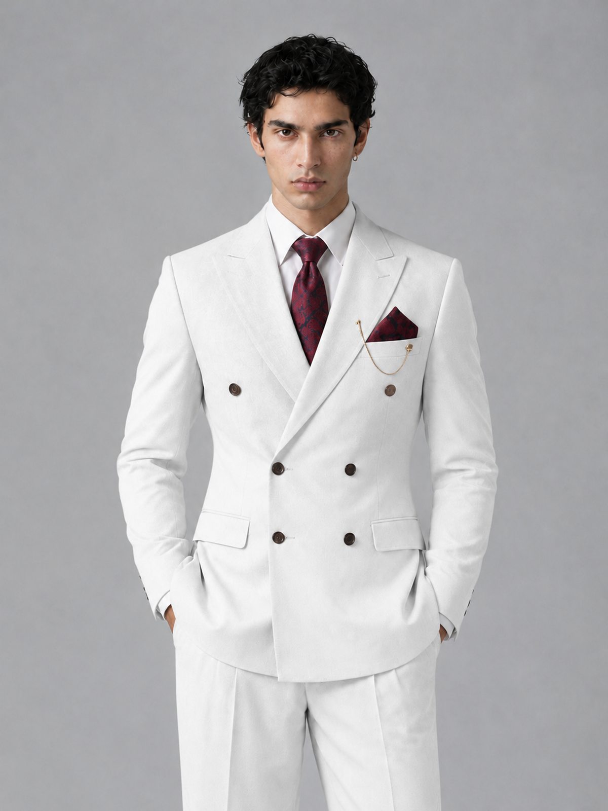Savile Men's White Double-Breasted 2-Piece Suit Set – Peak Lapel Blazer & Pleated Wide-Leg Trousers - White - White_1