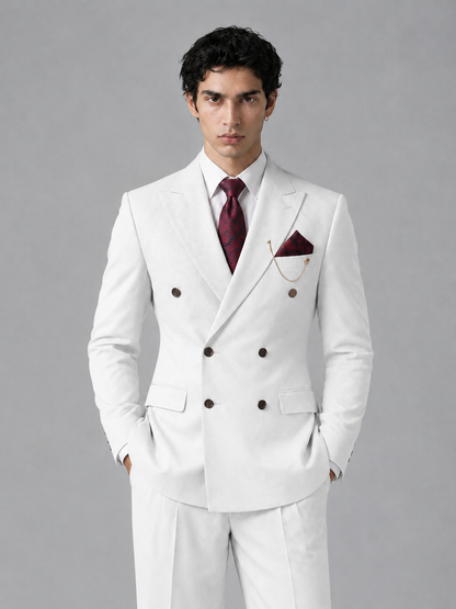 Savile Men's White Double-Breasted 2-Piece Suit Set – Peak Lapel Blazer & Pleated Wide-Leg Trousers - White - White_1