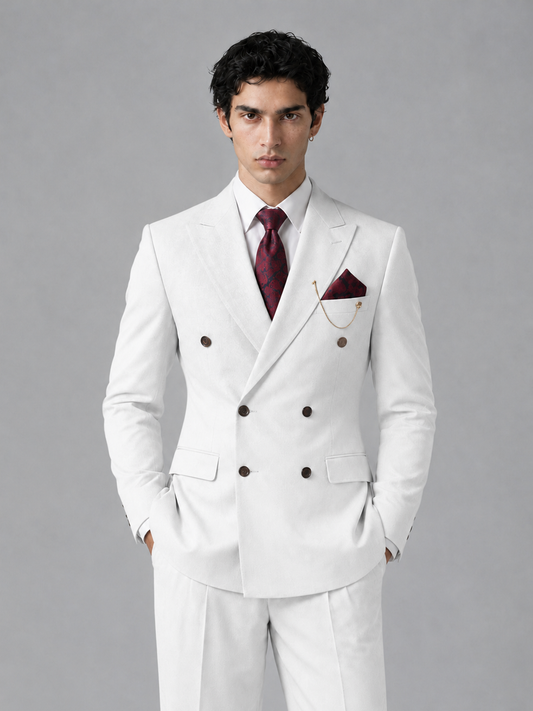 Savile Men's White Double-Breasted 2-Piece Suit Set – Peak Lapel Blazer & Pleated Wide-Leg Trousers - White - White_1