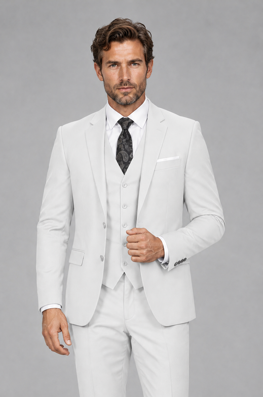 Savile Men's White 3-Piece Suit Set – Notch Lapel Blazer, Vest & Trousers - White - White_1