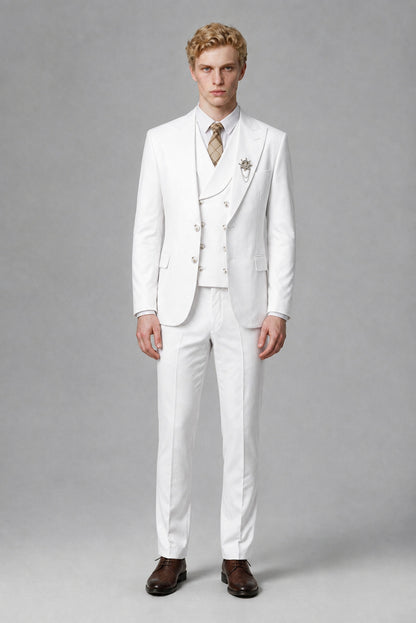 Savile Men's White Three-Piece Wedding Suit with Double-Breasted Waistcoat - White