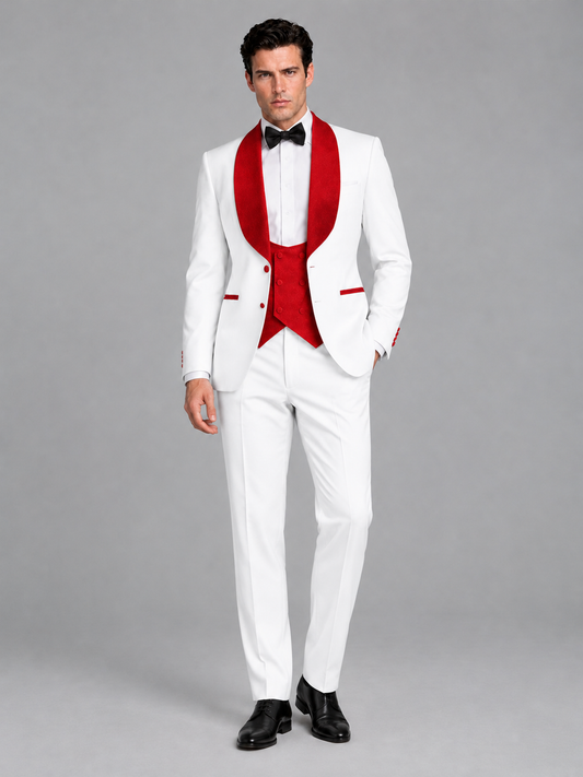 Savile Men's White 3-Piece Tuxedo Suit Set – Contrast Red Shawl Lapel Blazer, Red Waistcoat & Trousers - SUC020 - White