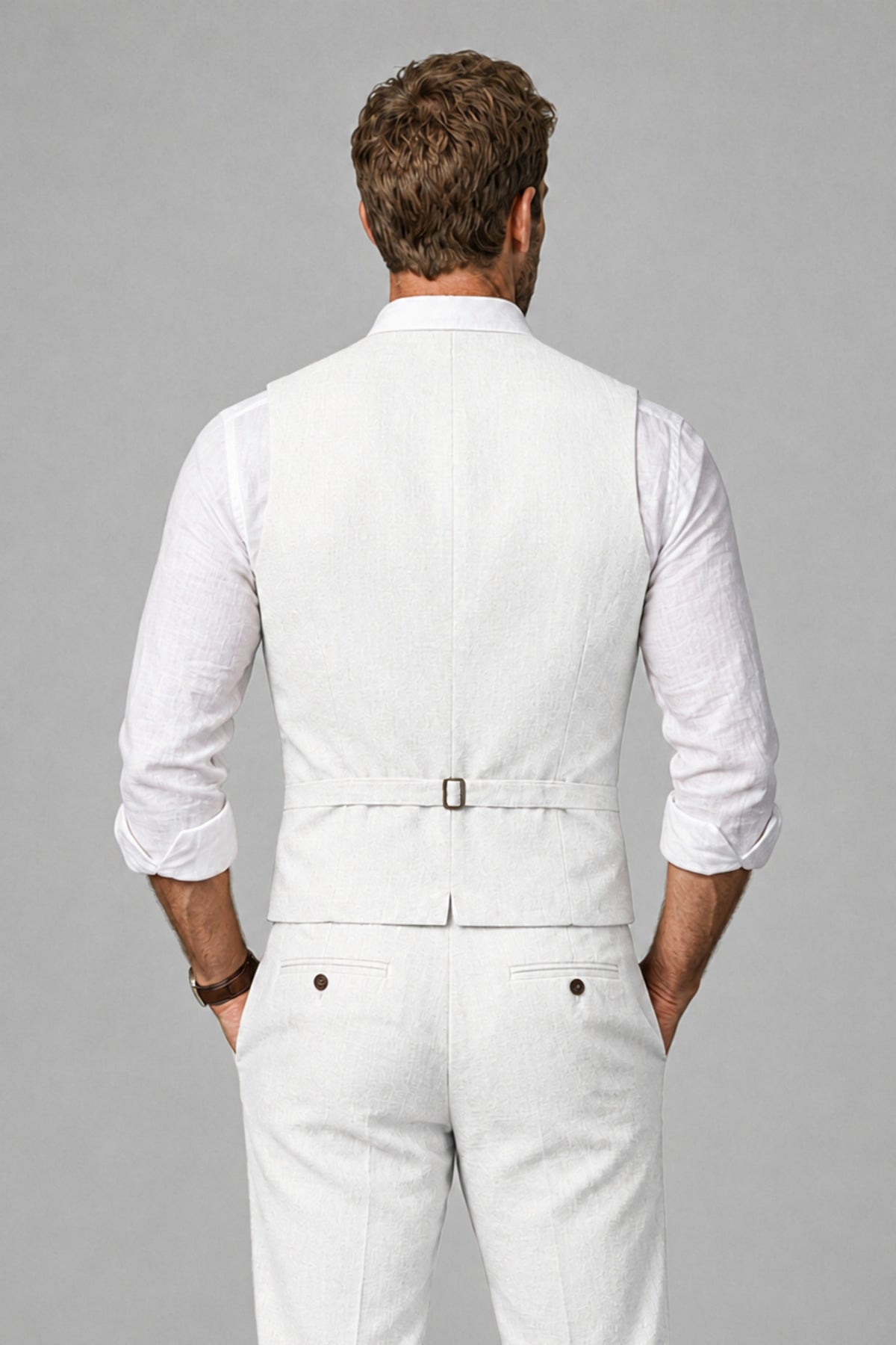 Men's White Linen Blend Single-Breasted V-Neck Suit Vest | Savile QX0101 - White