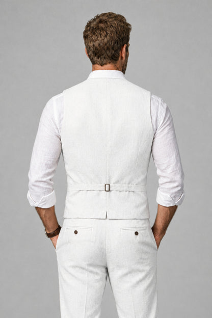 Men's White Linen Blend Single-Breasted V-Neck Suit Vest | Savile QX0101 - White
