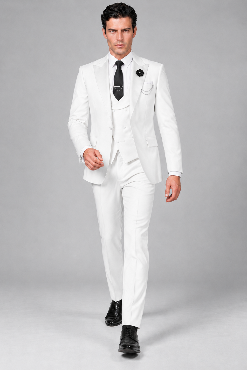 Savile Men's White 3-Piece Tuxedo Suit – Contrast Silver Peak Lapel & Grey Vest Formal Set - White - White_2