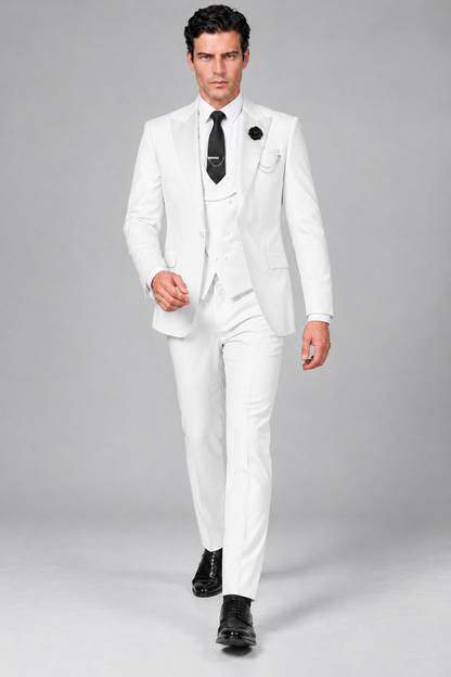Savile Men's White 3-Piece Tuxedo Suit – Contrast Silver Peak Lapel & Grey Vest Formal Set - White - White_2