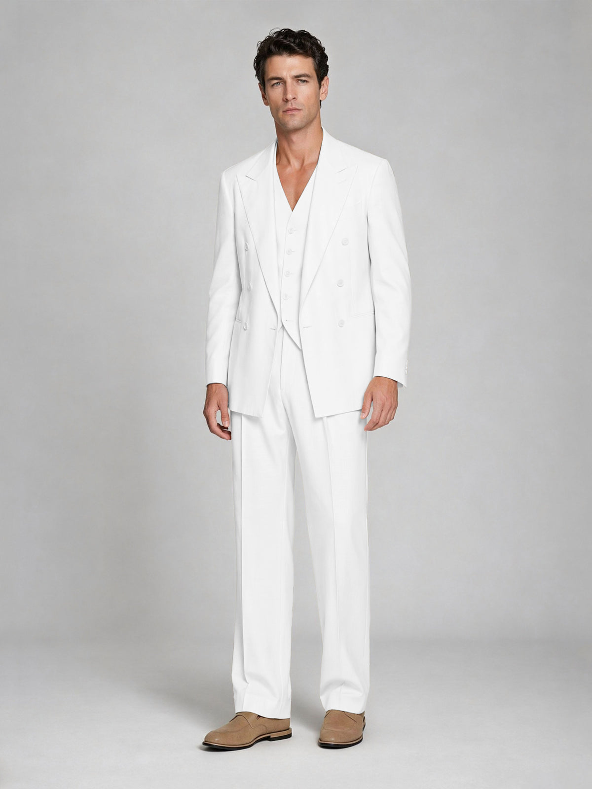 Men's White Double-Breasted 2-Piece Suit – Peak Lapel Wedding & Beach Formal Set with Vest - White