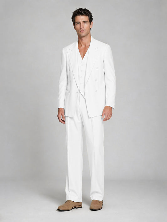 Men's White Double-Breasted 2-Piece Suit – Peak Lapel Wedding & Beach Formal Set with Vest - White