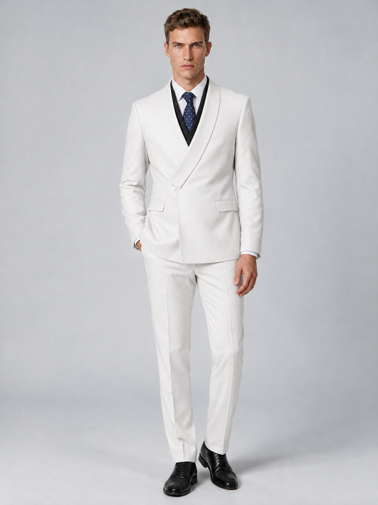 Savile Men's White Wrap Shawl Lapel 2-Piece Suit Set – Modern Jacket & Trousers - White - White_2