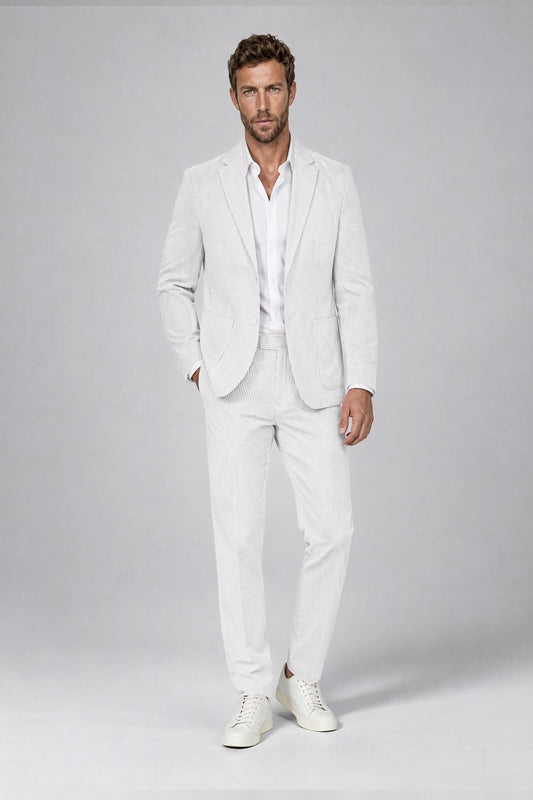 Savile Men's White Striped 2-Piece Suit Set – Notch Lapel Blazer & Tailored Trousers - White - White(2)