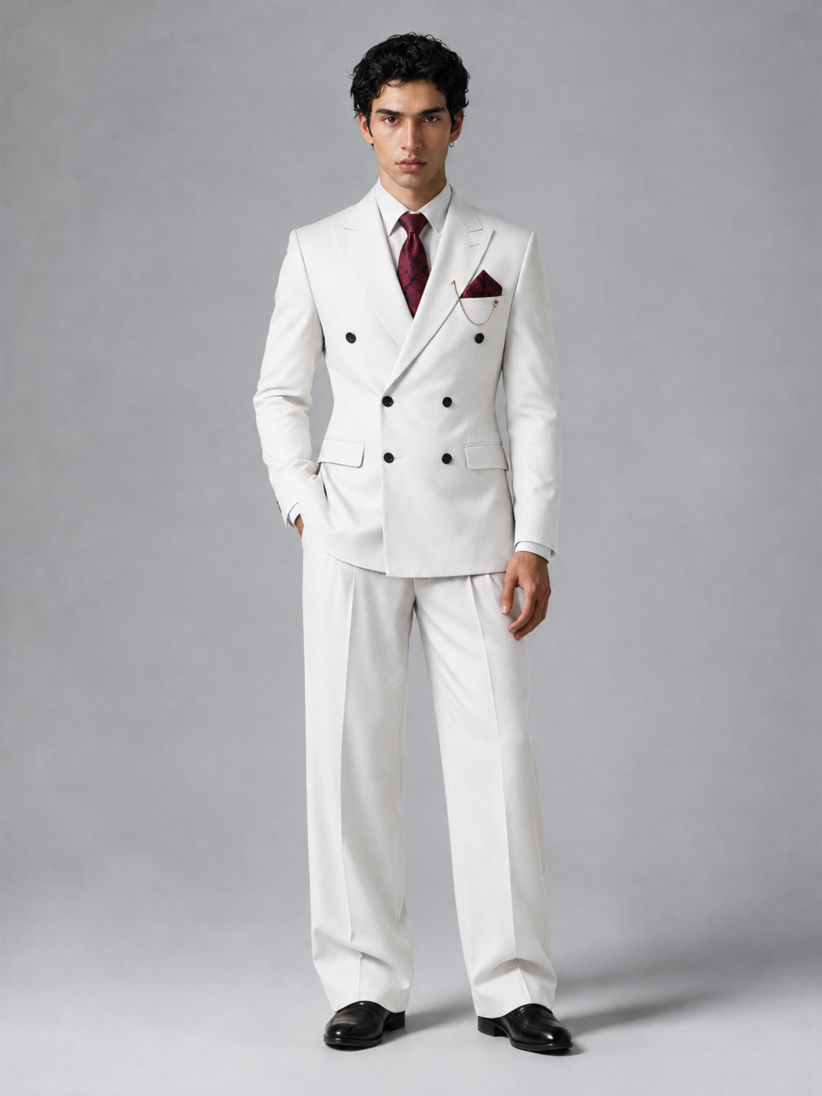 Savile Men's White Double-Breasted 2-Piece Suit Set – Peak Lapel Blazer & Pleated Wide-Leg Trousers - White - White_2