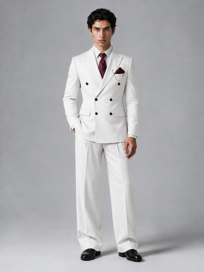 Savile Men's White Double-Breasted 2-Piece Suit Set – Peak Lapel Blazer & Pleated Wide-Leg Trousers - White - White_2