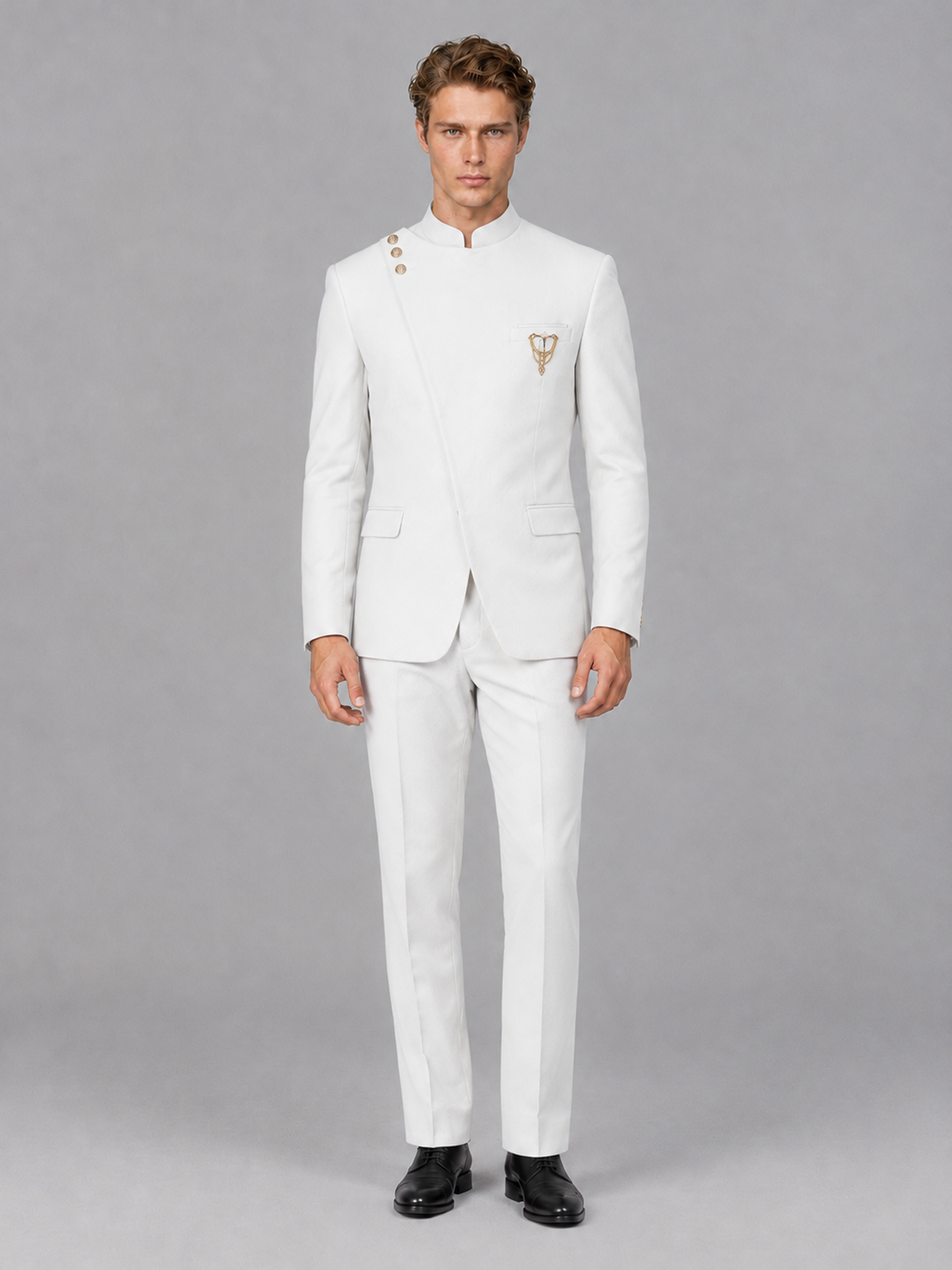 Savile Men's White Mandarin Collar Asymmetrical 2-Piece Suit Set – Modern Jacket & Trousers - White - White_2