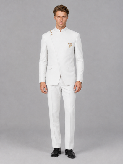 Savile Men's White Mandarin Collar Asymmetrical 2-Piece Suit Set – Modern Jacket & Trousers - White - White_2