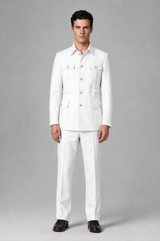 Savile White Safari Jacket & Trousers Two-Piece Men's Suit - White