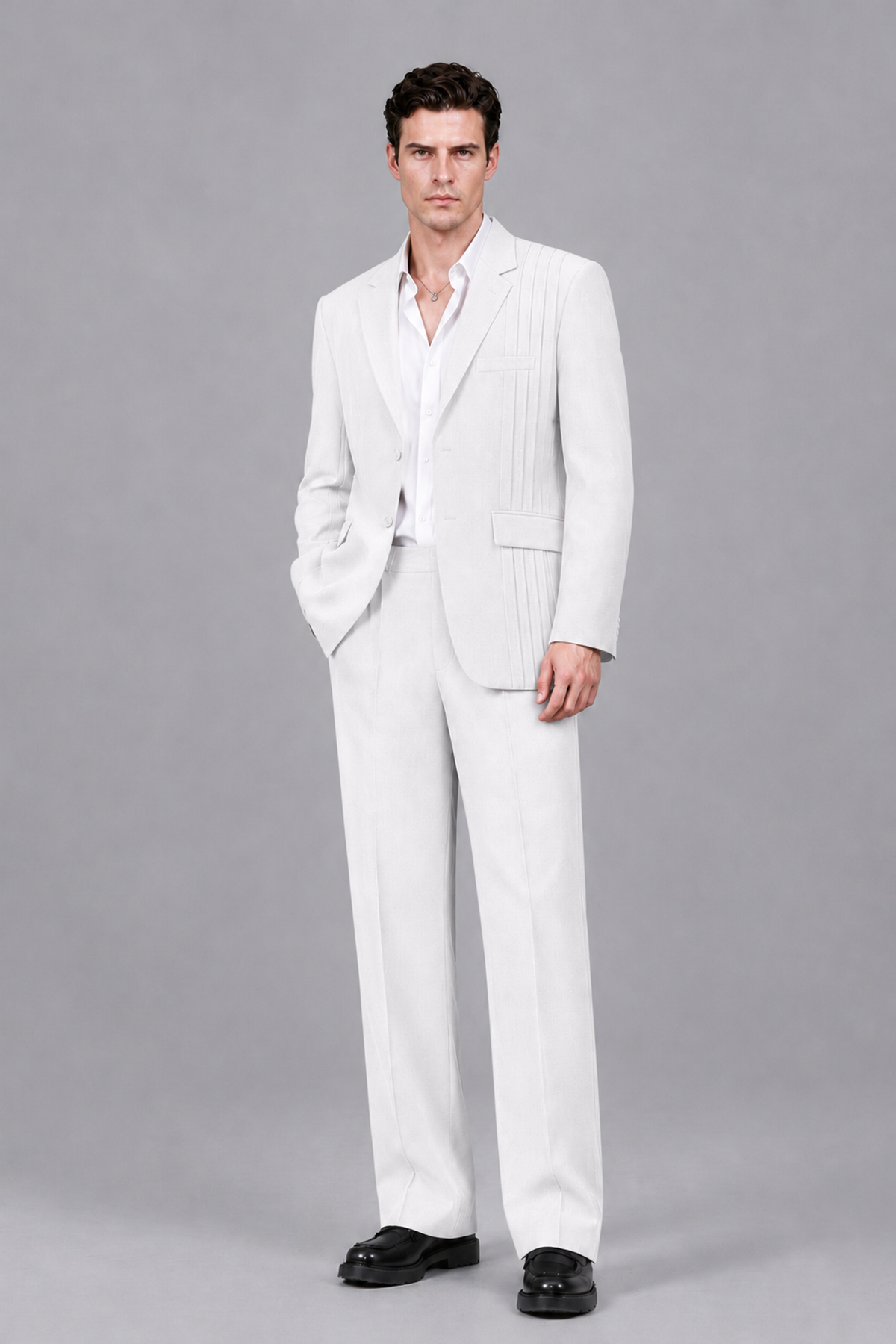 Savile Men's White Pleated 2-Piece Suit Set | Notch Lapel Blazer & Tailored Trousers - White - White_2
