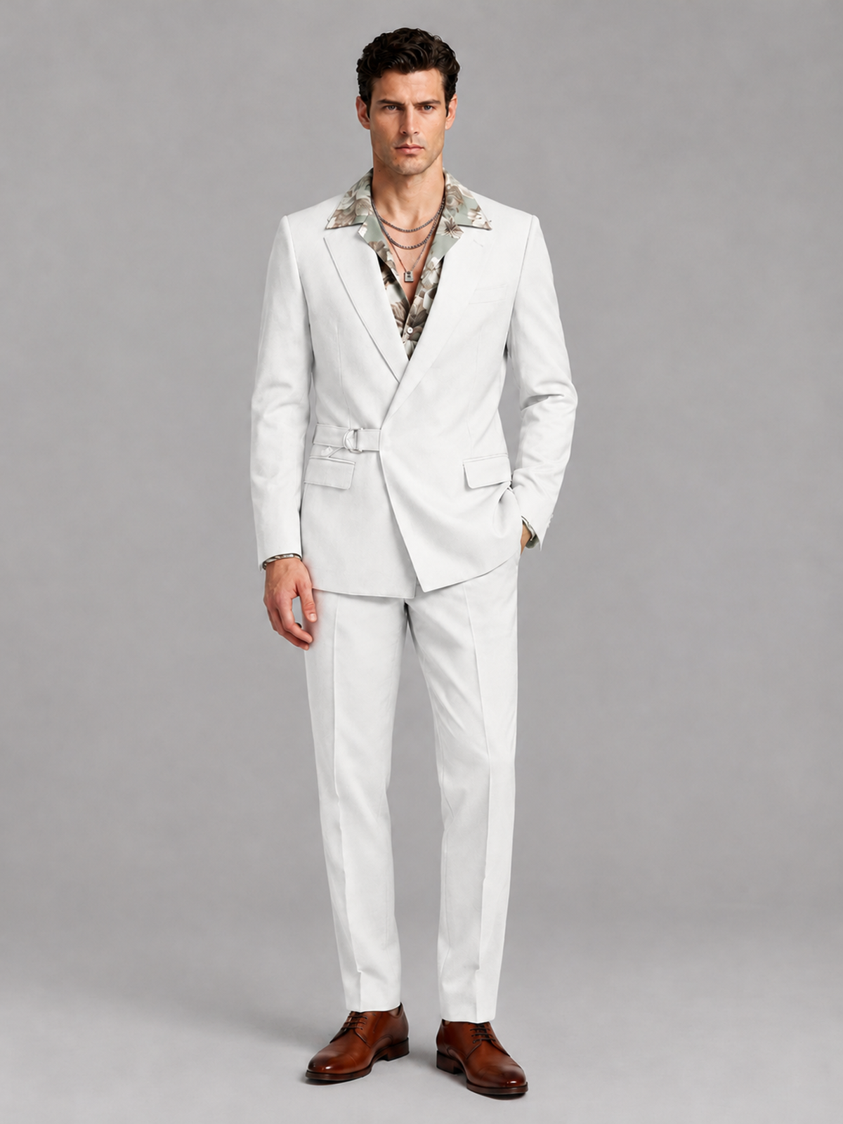 Savile Men's White Belted Wrap 2-Piece Suit – Peak Lapel Blazer & Tailored Trousers - SUC060 - White - White_2