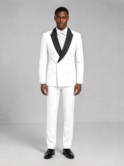 Men's White Double-Breasted Tuxedo Suit – Satin Shawl Lapel White-Tie Wedding & Gala 2-Piece Set - White